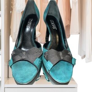 Franco Sarto Peep Toe, Bow, Green Suede Pumps, 3" Block Heel SZ 7.5M